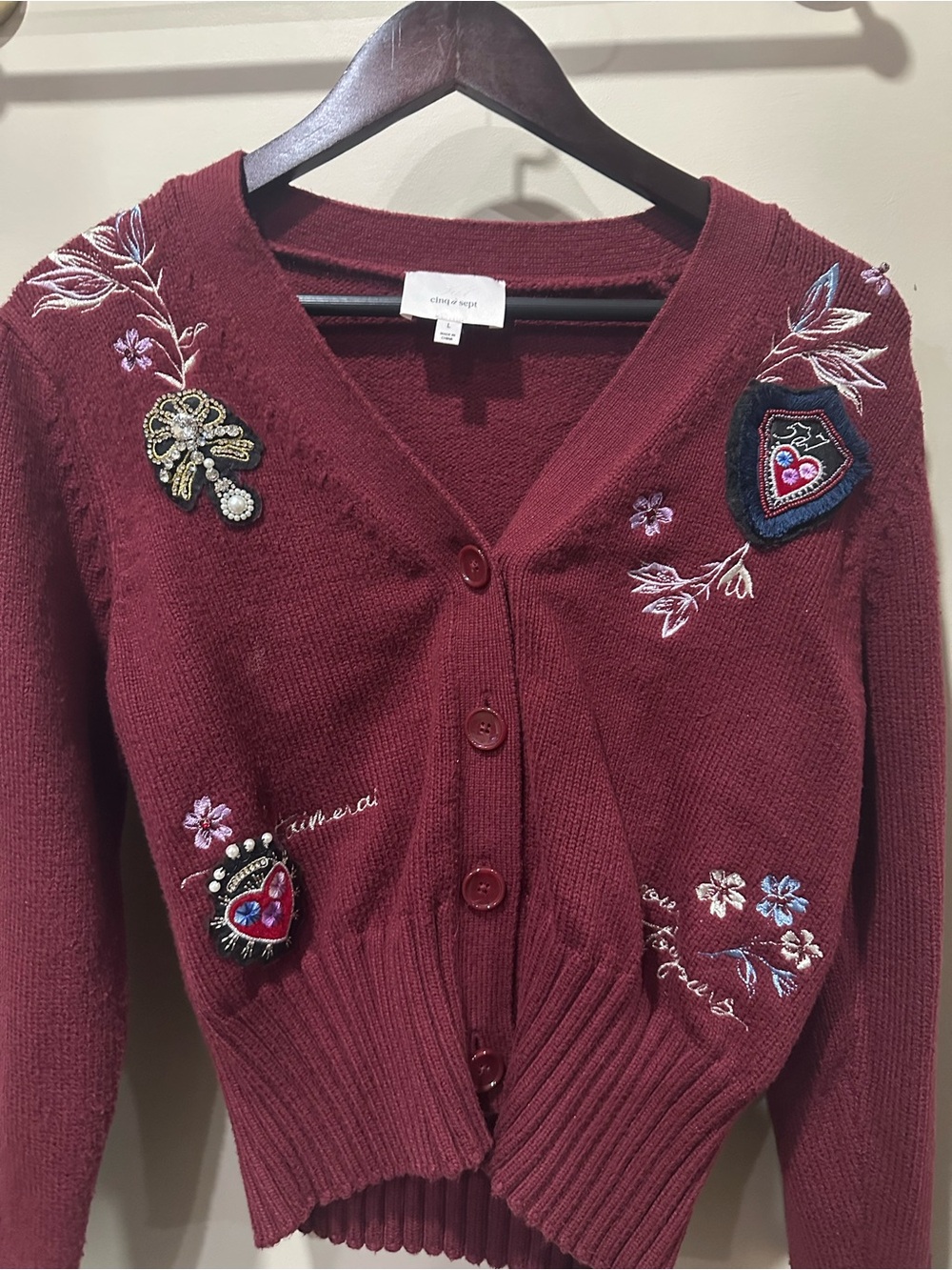 Cinq a Sept Heritage Patch Morgan Cardigan in Oxblood Multi - Picture 5 of 8